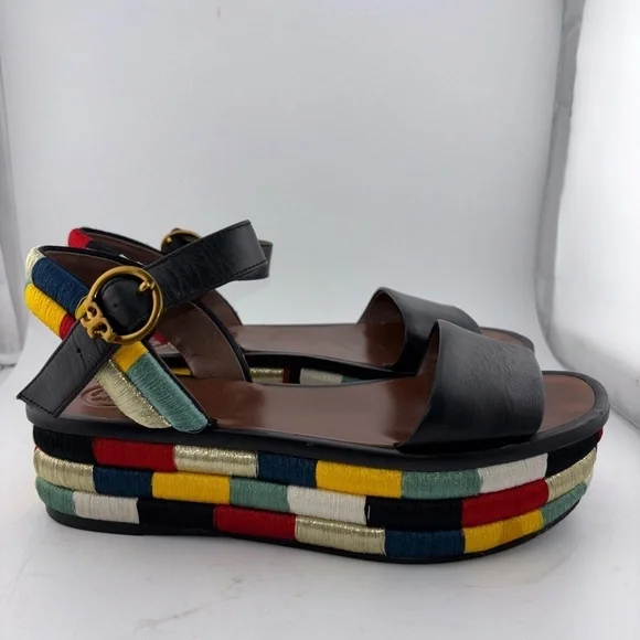 Tory Burch Leather Camilla Embroidered Platform Ankle Strap Sandals Size 5​​​​​ - Picture 11 of 16